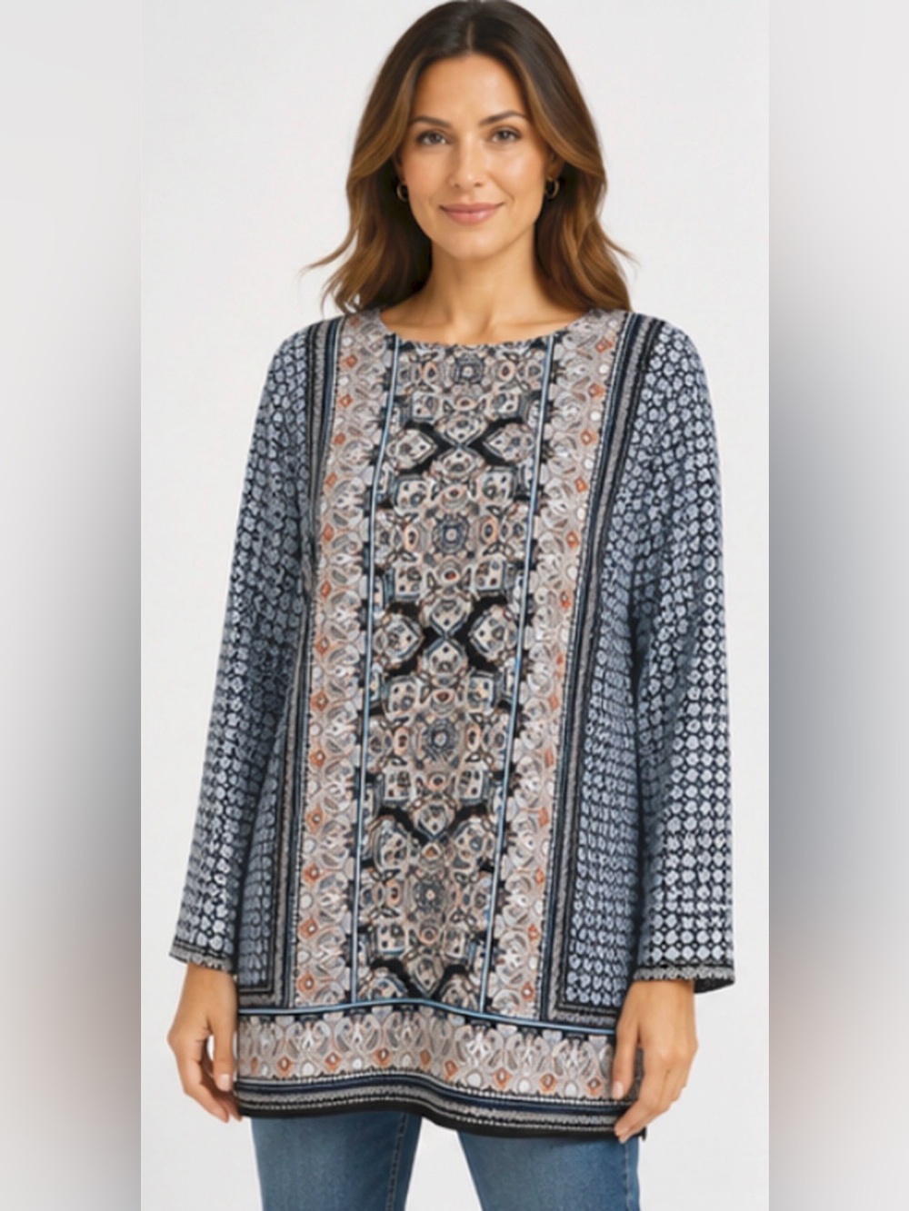 NEW J.JILL BLUE PAISLEY FLORAL MIXED MEDIA PRINT LONG SLEEVE TUNIC TOP SMALL